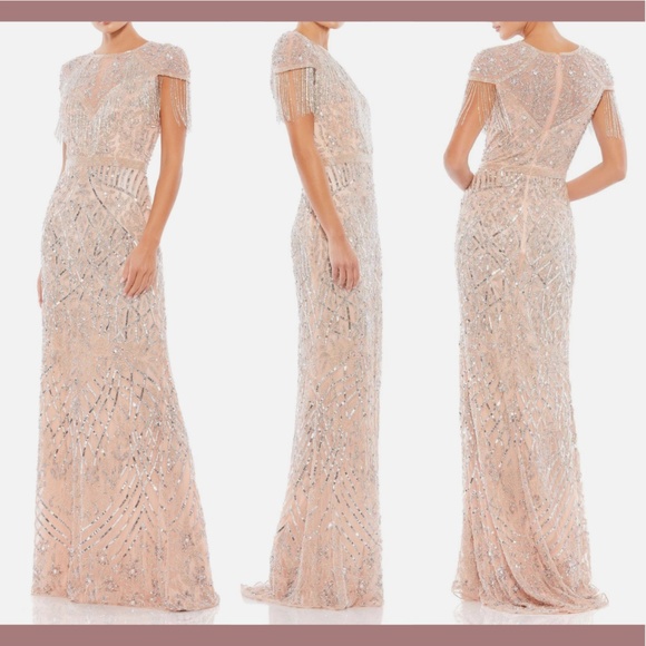 NWT $598 MAC DUGGAL [ 10 ] Embellished Fringe‎ Cap Sleeve Gown Platinum Pink - Picture 1 of 16